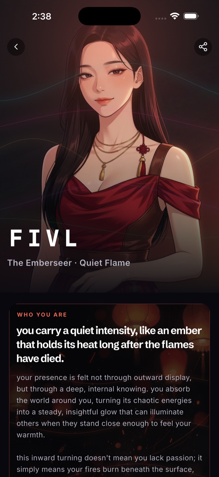 Loom identity card for FIVL, the Ember Sage — webtoon portrait with reading